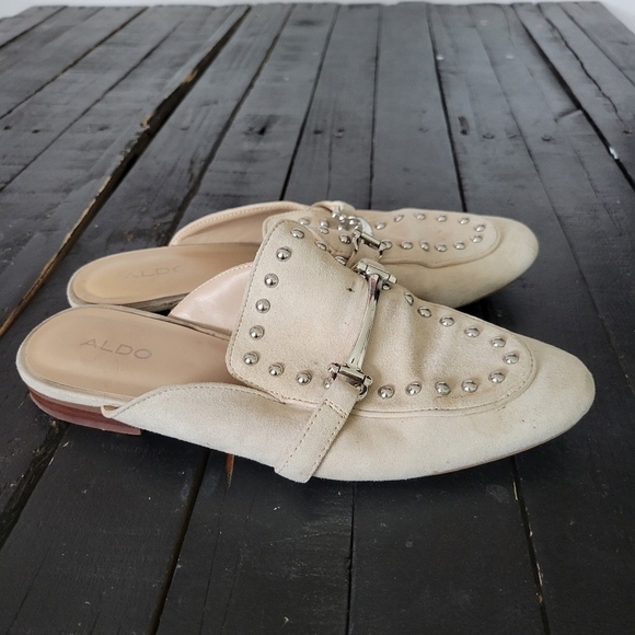 Aldo Mules Beige Slides Slip On Horsebit Studs Women's 7 Shoes - Picture 3 of 9